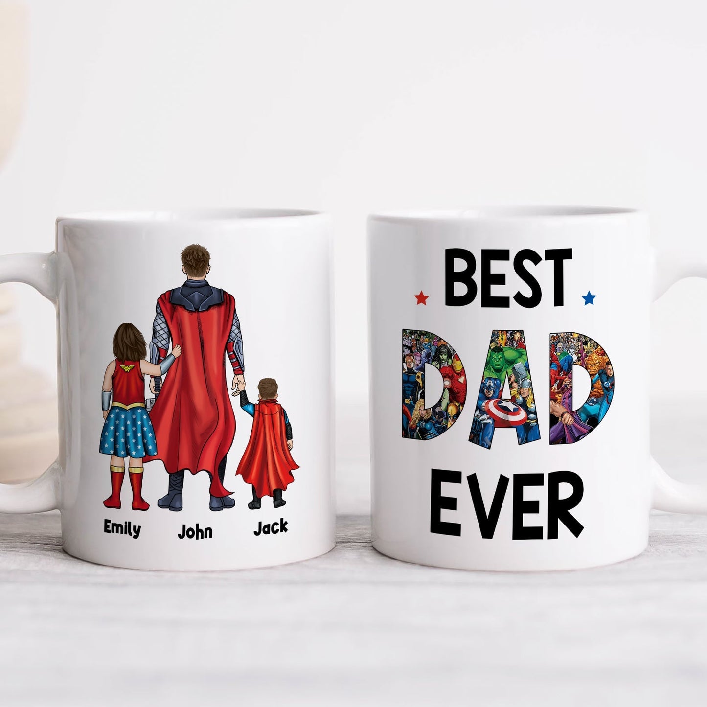 Best dad ever custom mug with superhero design and personalized names Emily John Jack