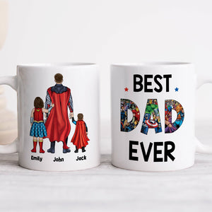 Best dad ever custom mug with superhero design and personalized names Emily John Jack