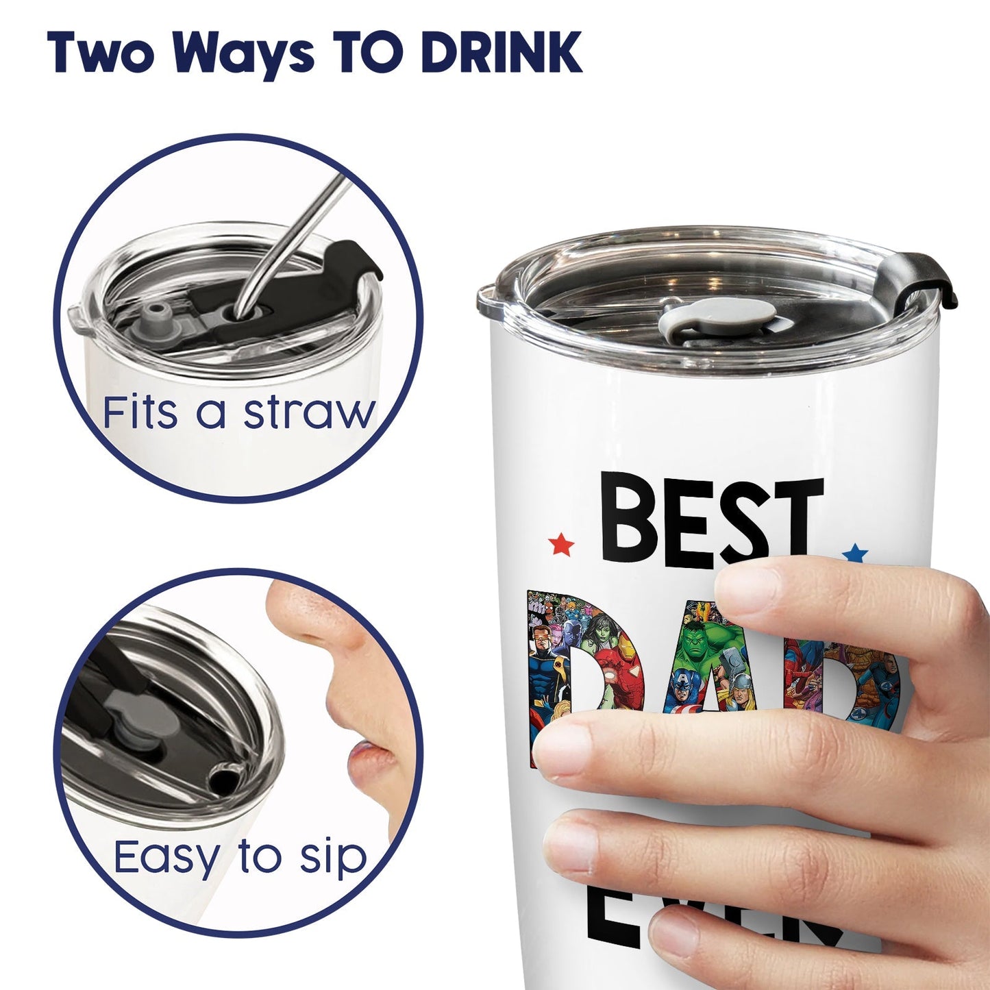365Gifty best dad ever custom mug showing two ways to drink with straw or sip lid