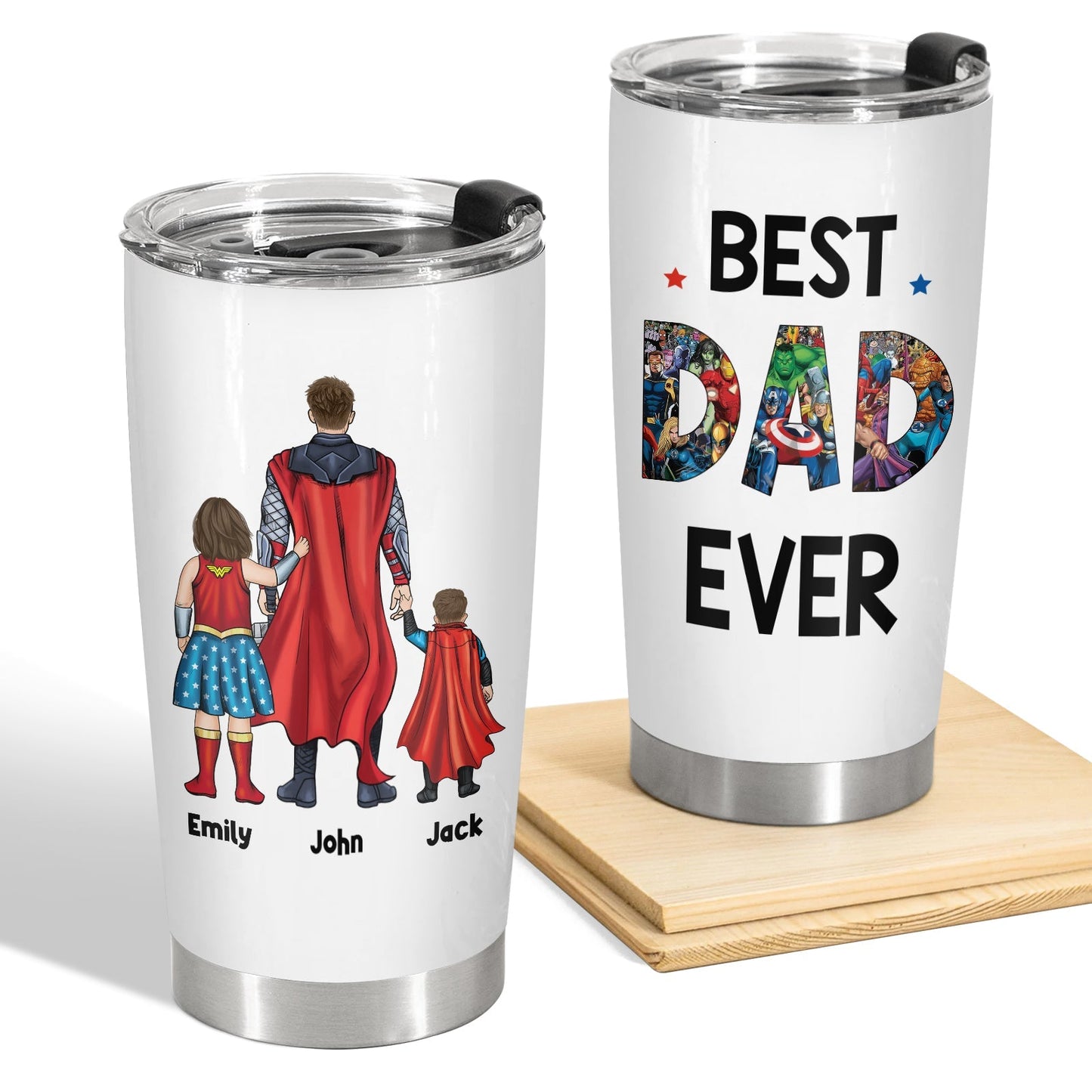 Best dad ever custom mug with superhero family design and personalized names Emily John Jack