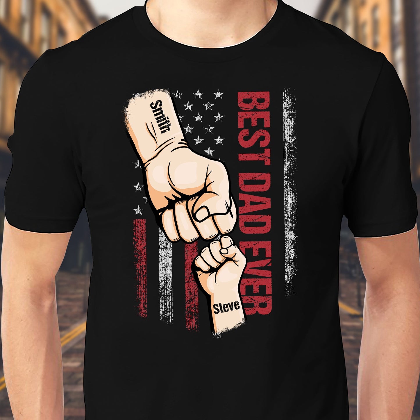 Black best dad ever custom t-shirt with fist bump design and American flag background