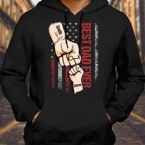 Black hoodie featuring best dad ever custom t-shirt design with adult and child fist bump and American flag