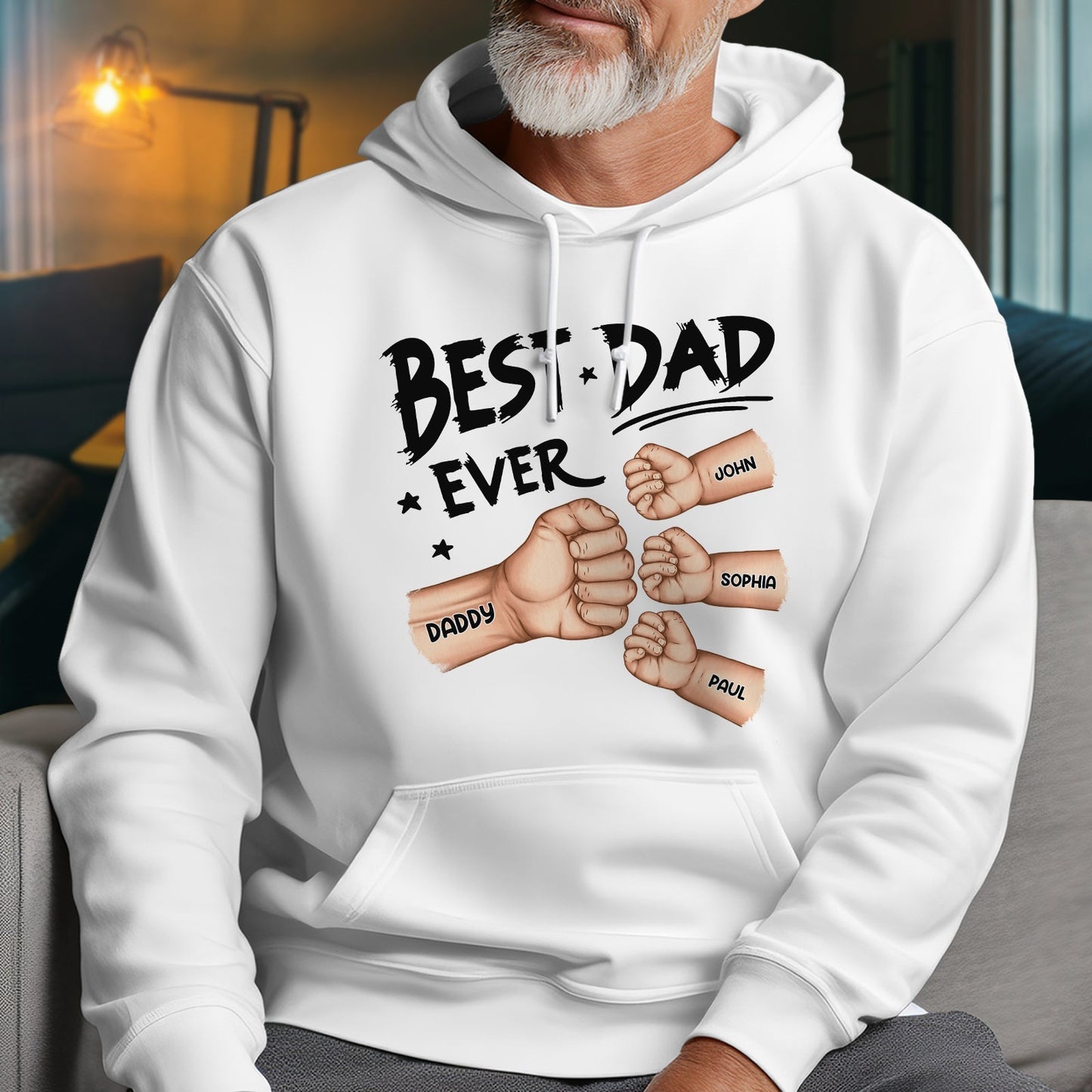 White hoodie featuring best dad ever gift idea design with named fist bumps for dad and kids