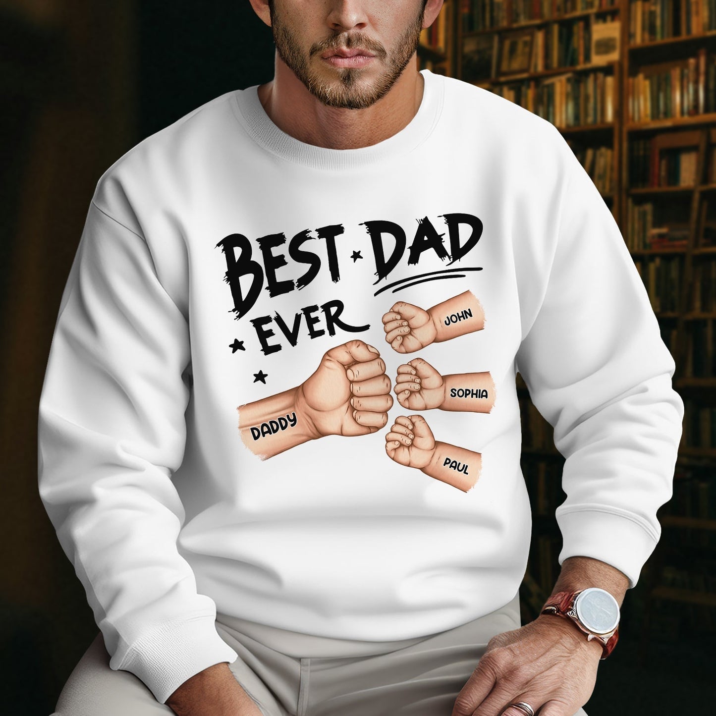 White sweatshirt with best dad ever gift idea design featuring fist bumps and personalized names