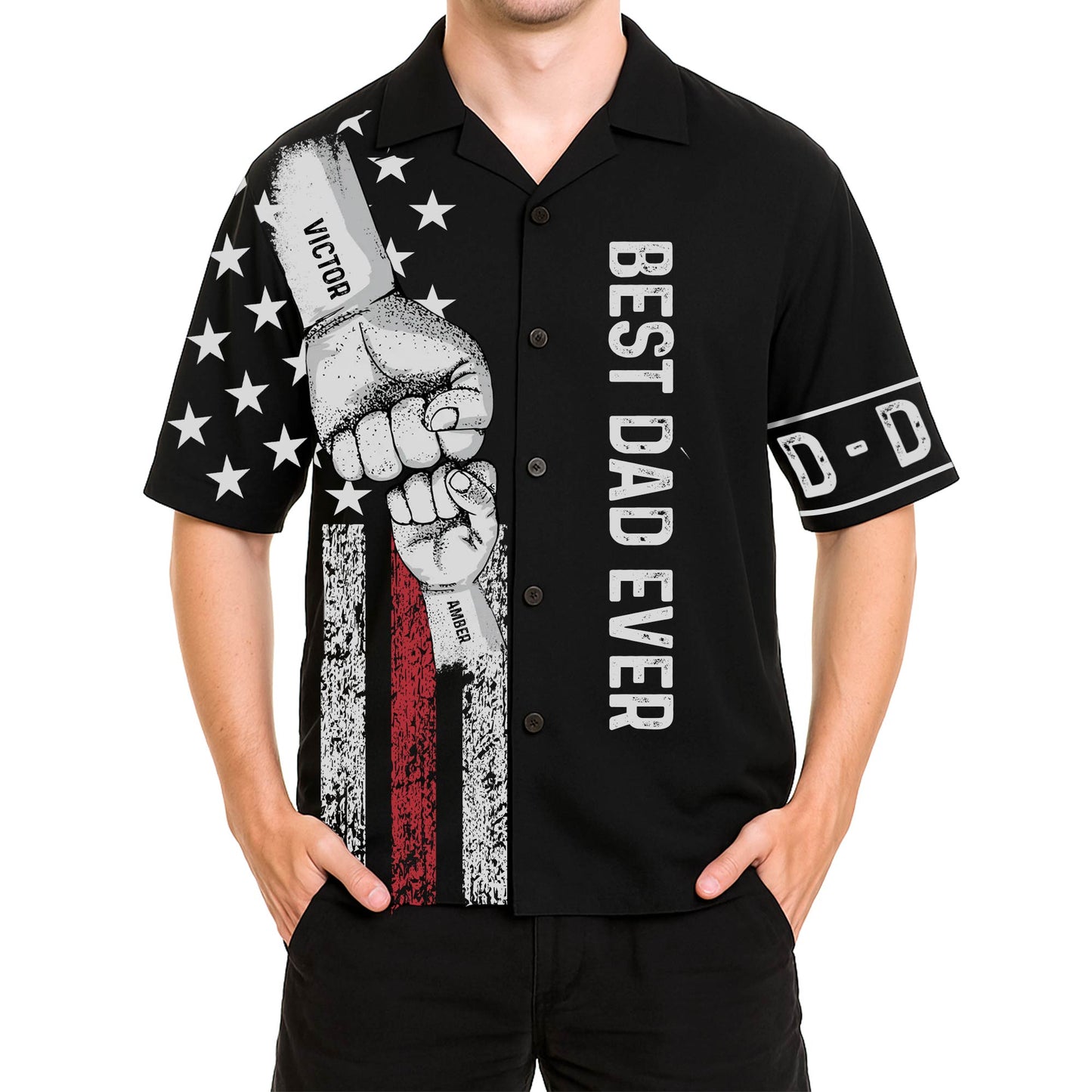 365Gifty black best dad ever Hawaiian shirt with fist bump design and American flag accents