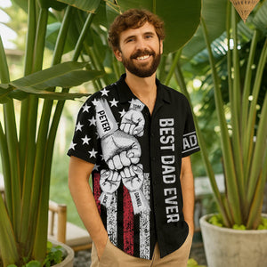 Smiling man wearing the best dad ever Hawaiian shirt with personalized names and fist bump design