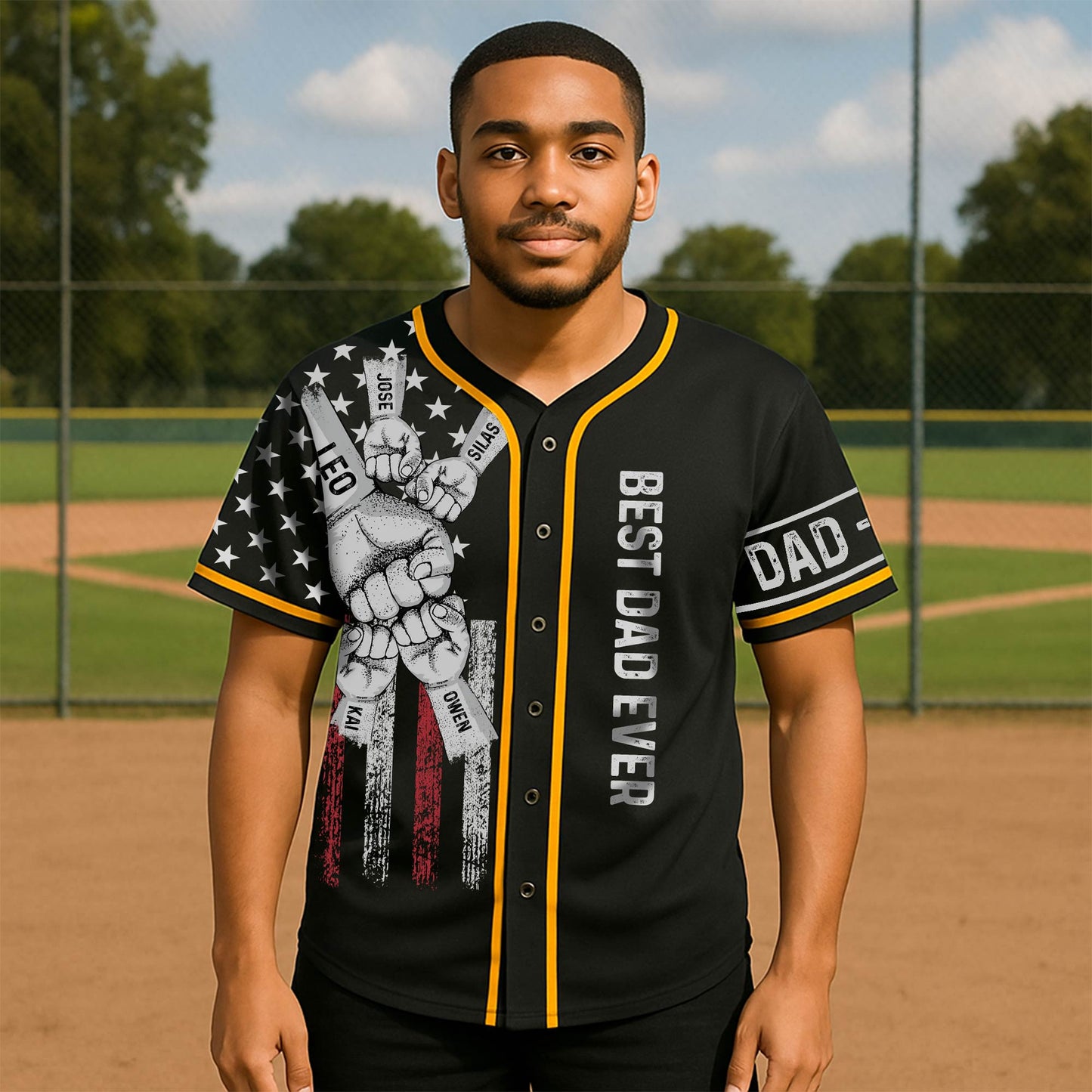 Men's black best dad ever Hawaiian shirt baseball jersey style with fists and American flag design