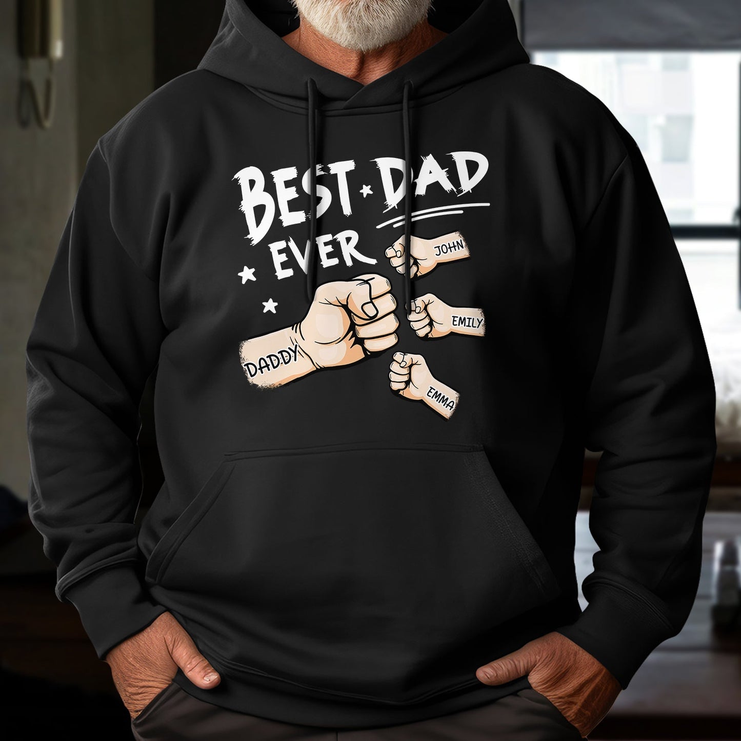 Black hoodie with best dad ever personalized clothing gift design featuring fist bumps and custom names