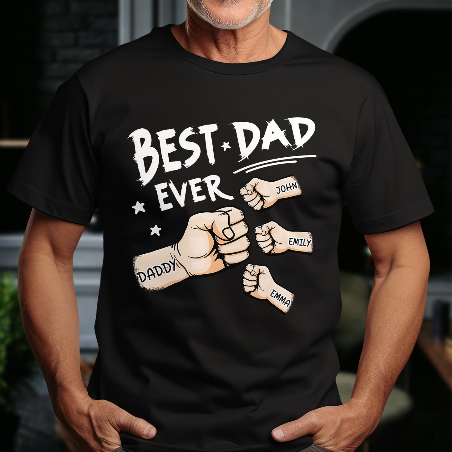 Best dad ever personalized clothing gift black t-shirt with fist bump design and custom names