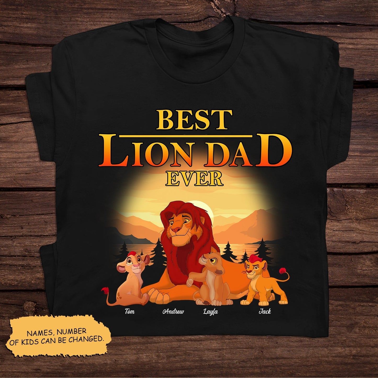 Black best lion dad ever t-shirt with cartoon lion family and customizable kid names