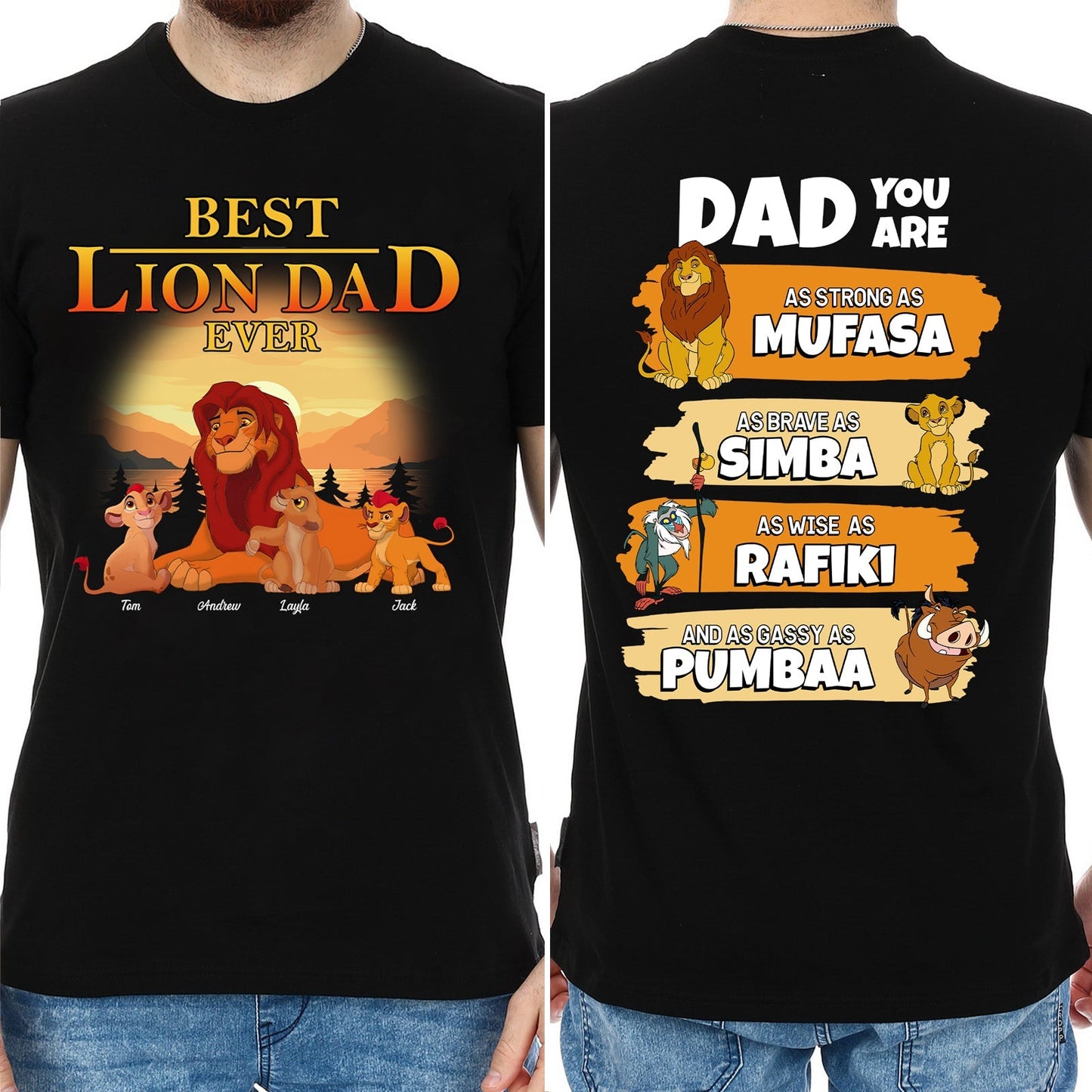 Best lion dad ever t-shirt with Lion King characters Mufasa Simba Rafiki and Pumbaa on black shirt