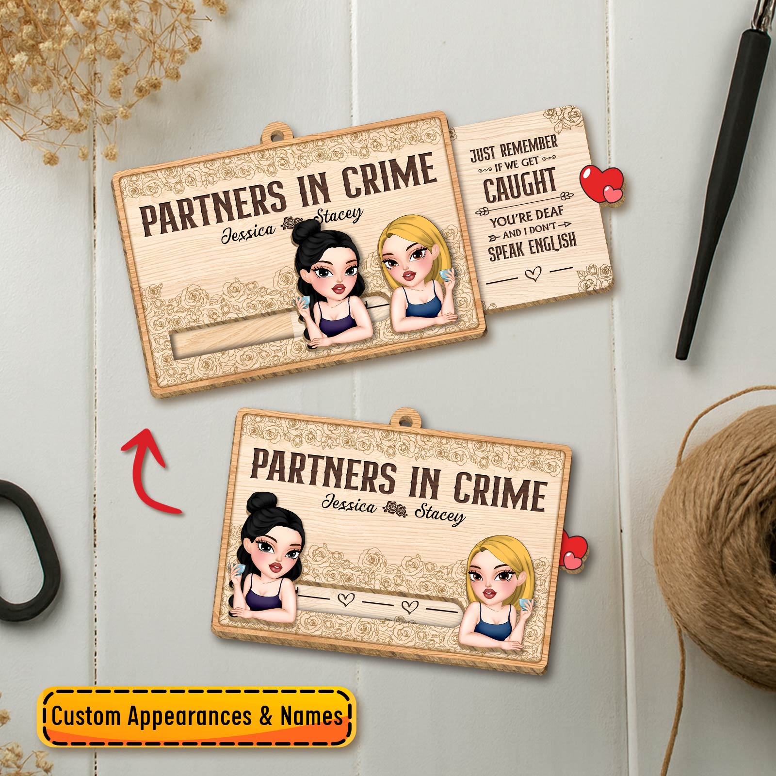 custom bestie slider card wooden Partners in Crime friendship card with two cartoon women and sliding name plate