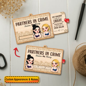custom bestie slider card wooden Partners in Crime friendship card with two cartoon women and sliding name plate