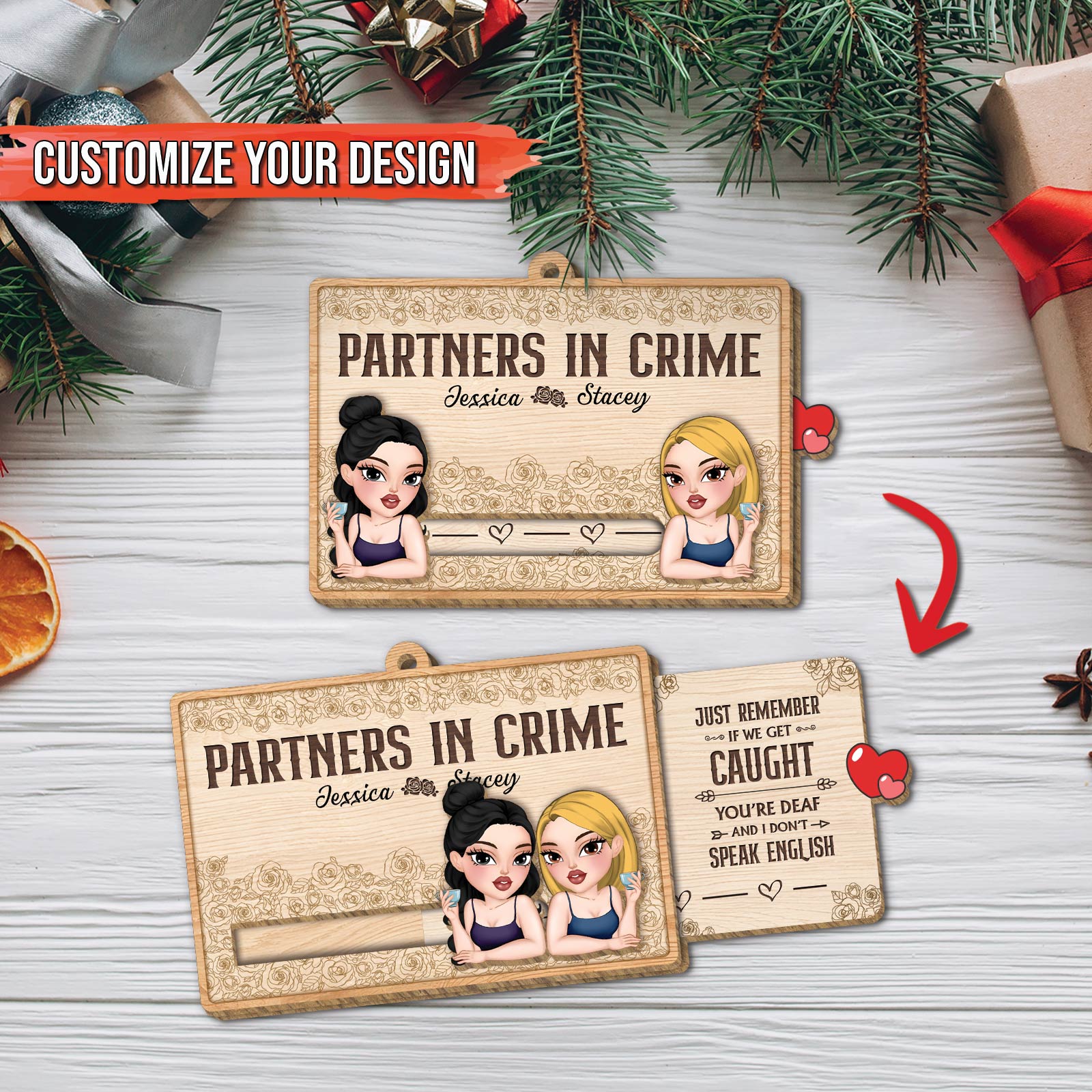 custom bestie slider card wooden Partners in Crime ornament with two cartoon best friends and hidden sliding message