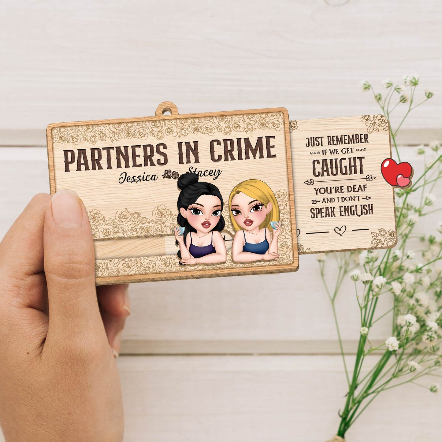 Personalized Partners in Crime wooden keychain with cartoon duo and pull out message custom bestie slider card