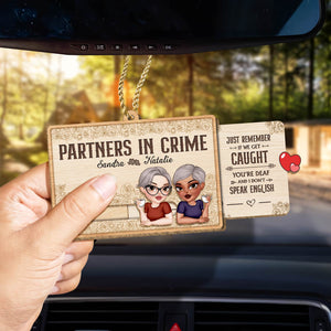 365Gifty custom bestie slider card hanging from car mirror reading Partners in Crime with two cartoon avatars