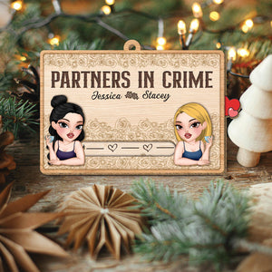 Partners in Crime wooden ornament with two female avatars and names Jessica and Stacey on a custom bestie slider card