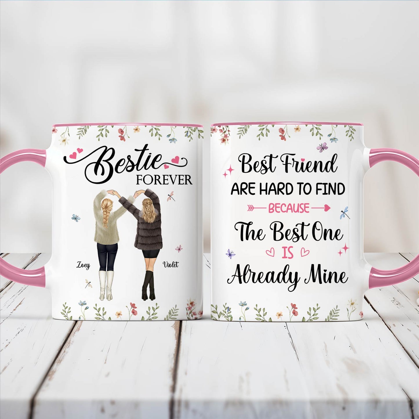 personalized best friend mug white ceramic set with pink handles floral accents Bestie Forever design