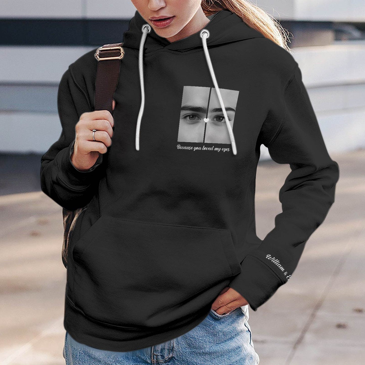 Black personalized couple shirts hoodie with custom face print and white drawstrings by 365Gifty