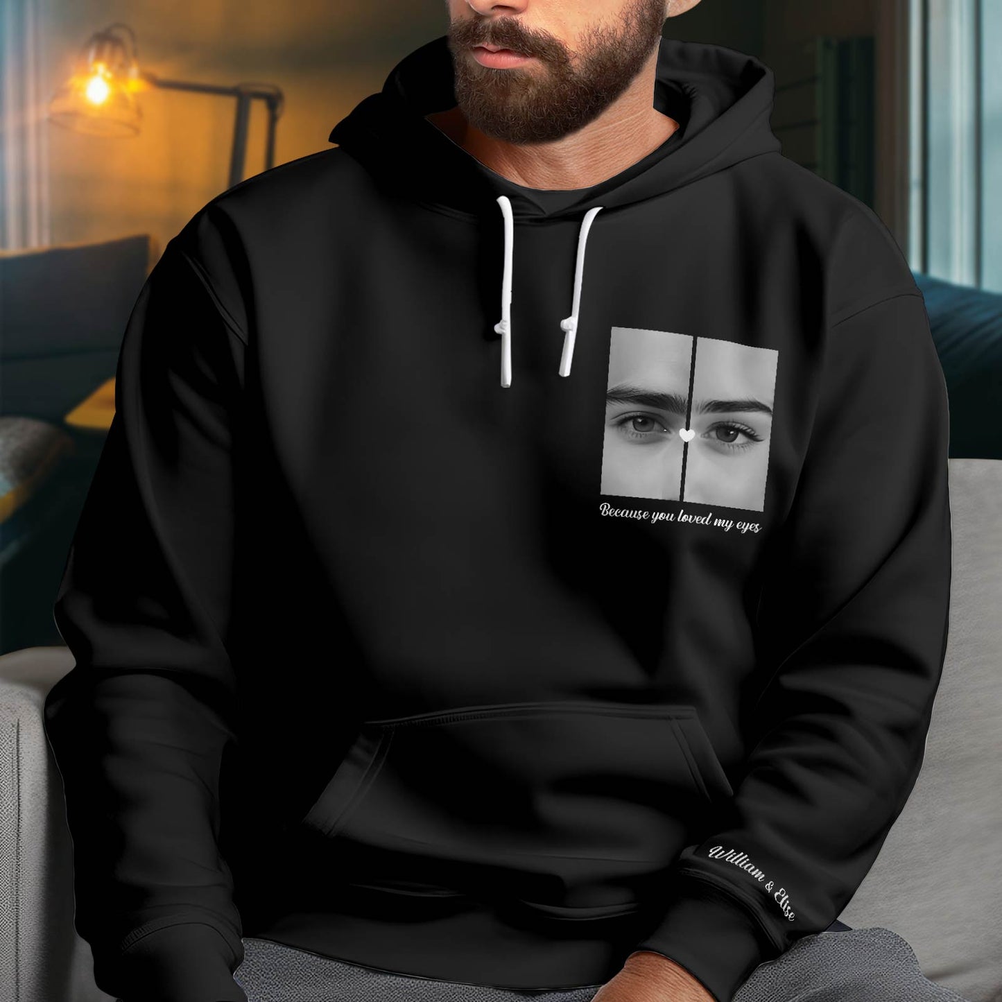 Black personalized couple shirts hoodie with split face eye design and white drawstrings by 365Gifty