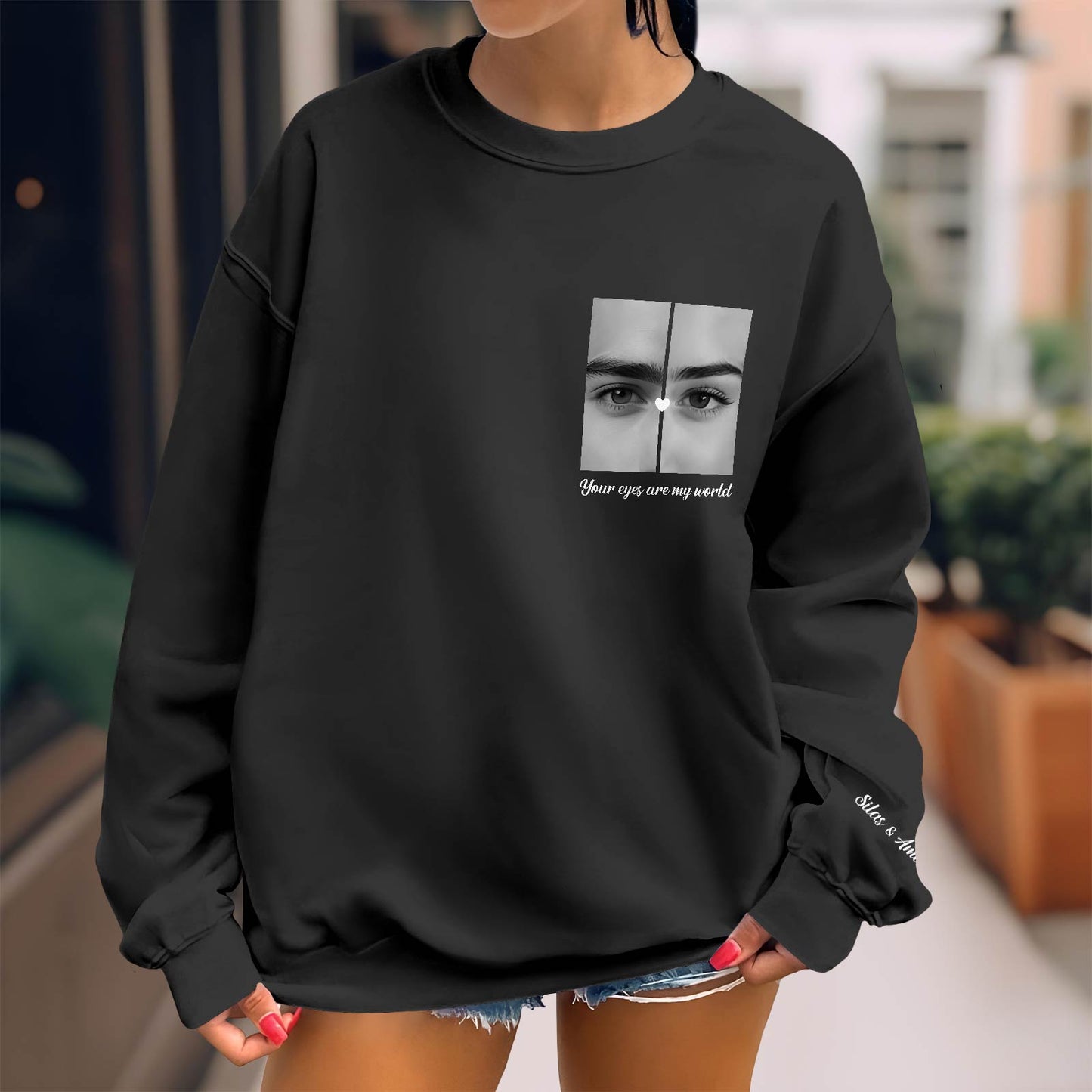 Black personalized couple shirts sweatshirt with photo print and Your eyes are my world text