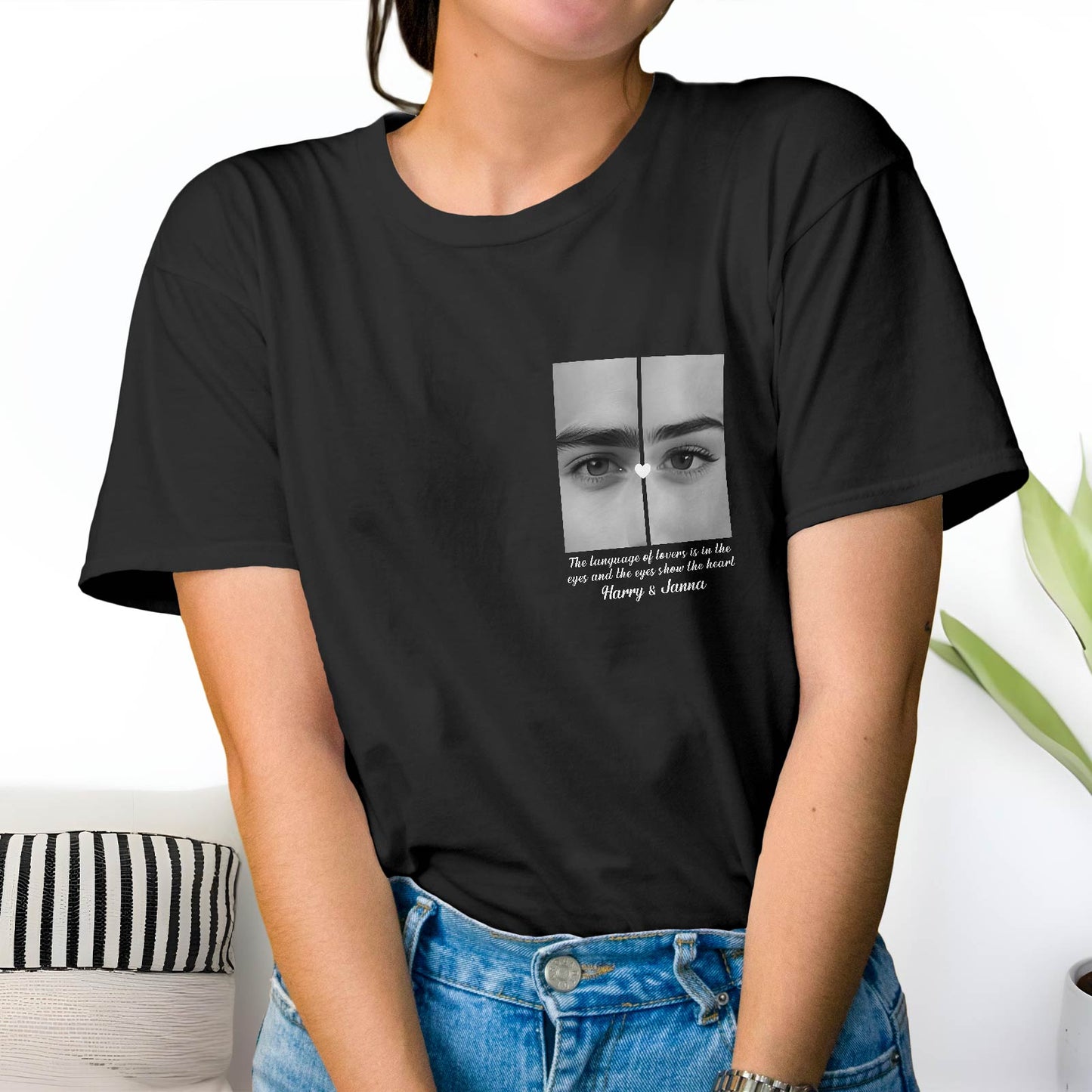 Black personalized couple shirts with custom eye design and names Harry and Joanna printed on the front