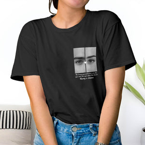 Black personalized couple shirts with custom eye design and names Harry and Joanna printed on the front