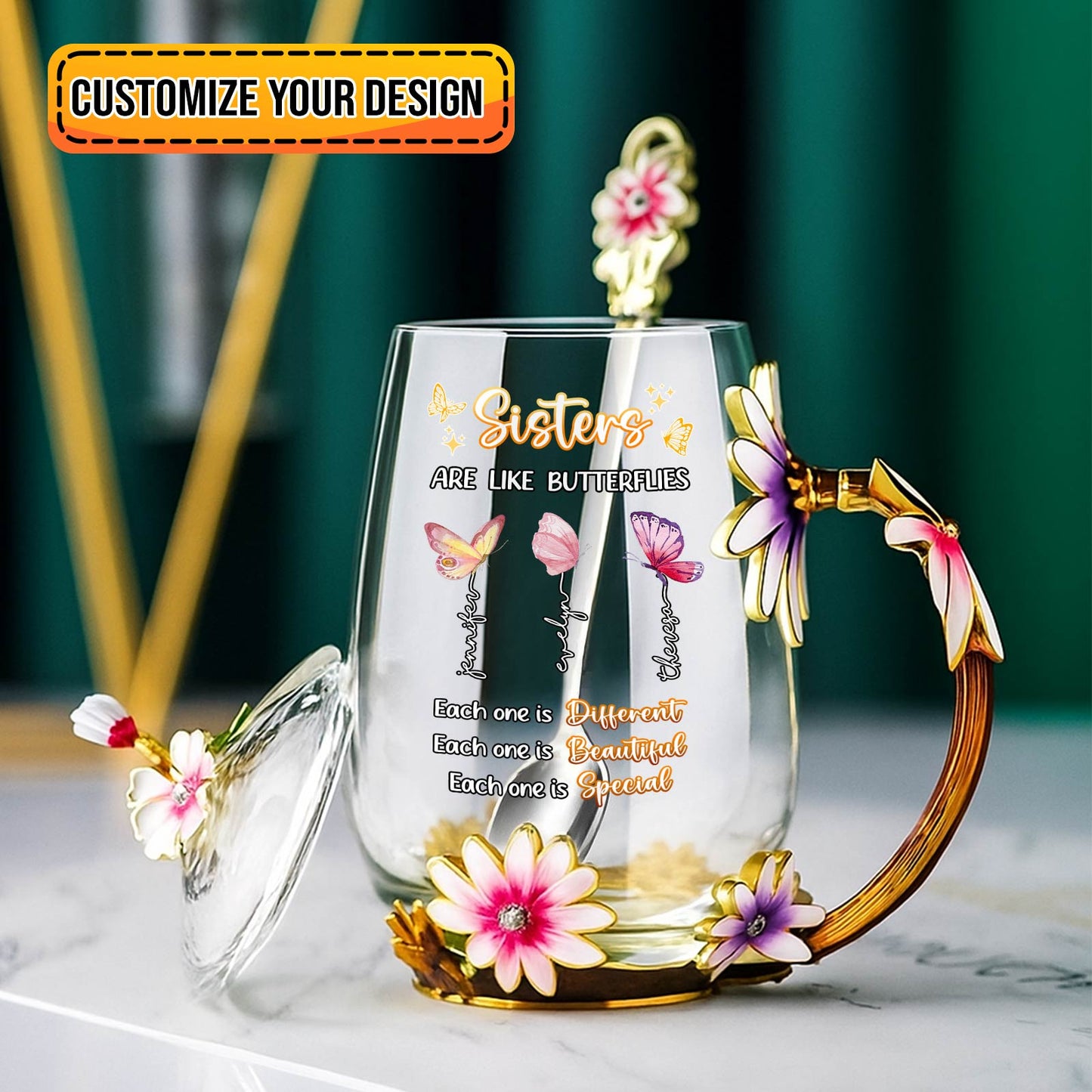 sisters are like butterflies mug glass floral tea mug with gold flower handle and matching lid