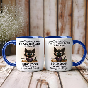 365Gifty funny personalized accent mug for bookworms white ceramic mug with blue rim owl reading book and name Emma