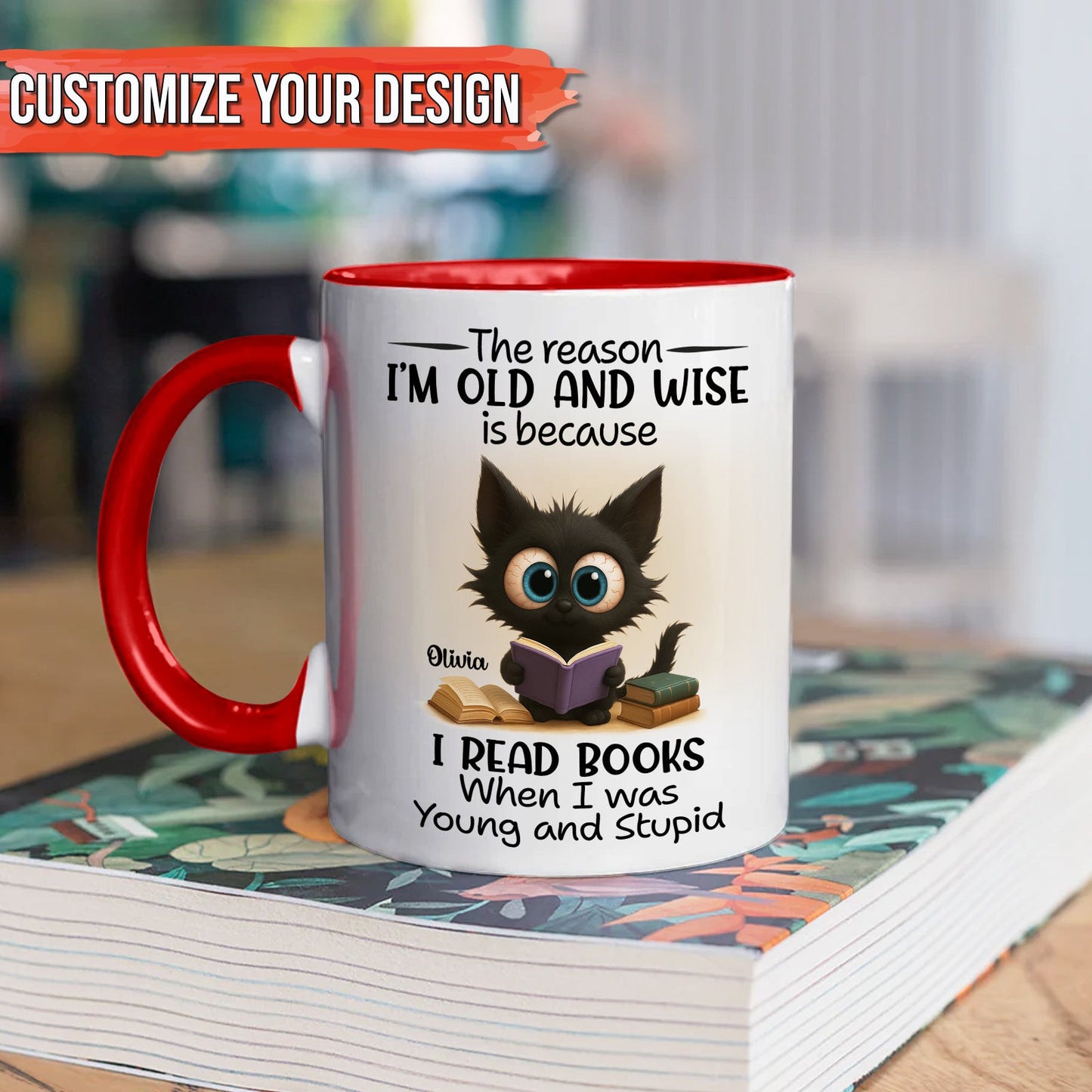 funny personalized accent mug for bookworms white mug with red handle and owl reading book design