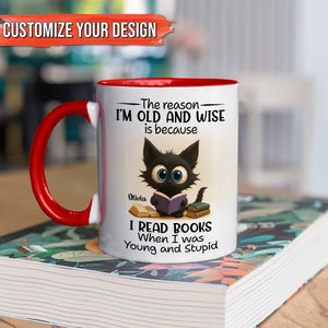 funny personalized accent mug for bookworms white mug with red handle and owl reading book design