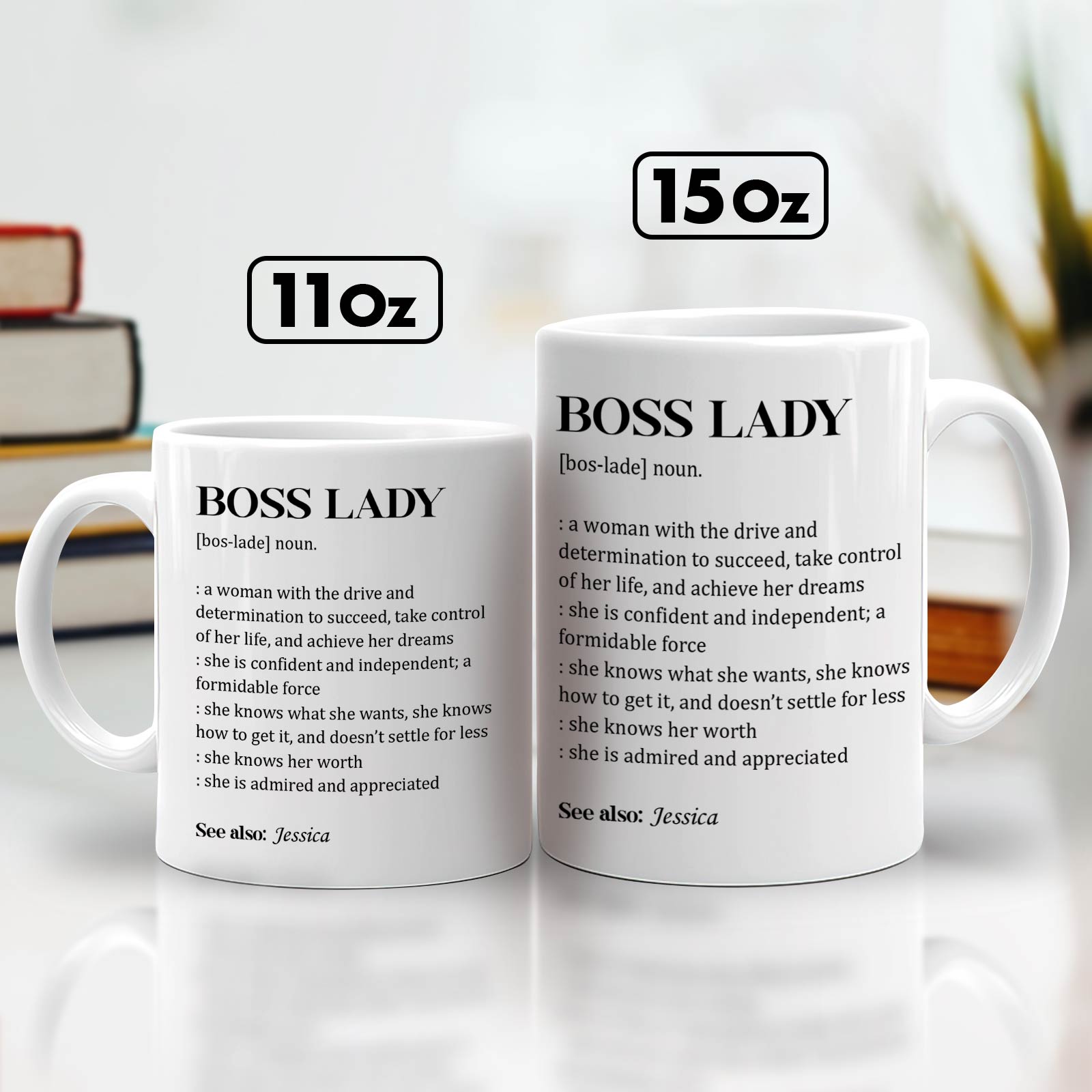 Boss lady personalized mug in white with definition and motivational quotes in two sizes