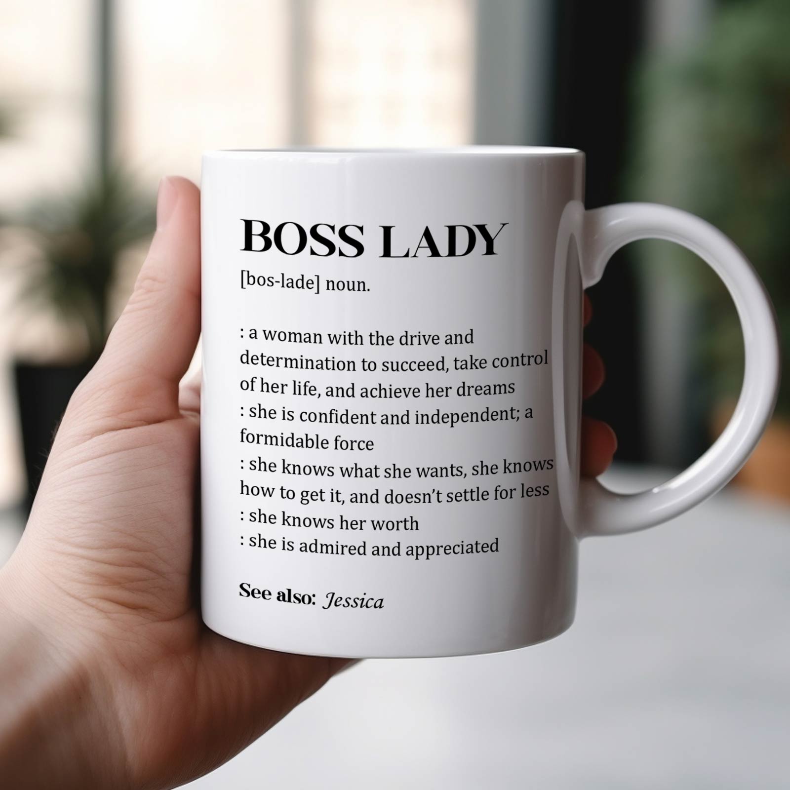 Boss lady personalized mug featuring a definition of a boss lady with a stylish design