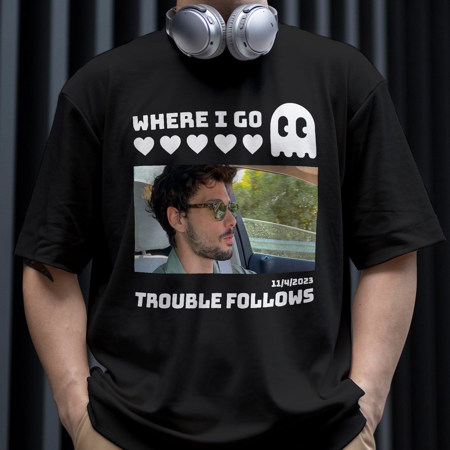 Black t-shirt with graphic and photo print saying where I go trouble follows matching trouble shirts for couples