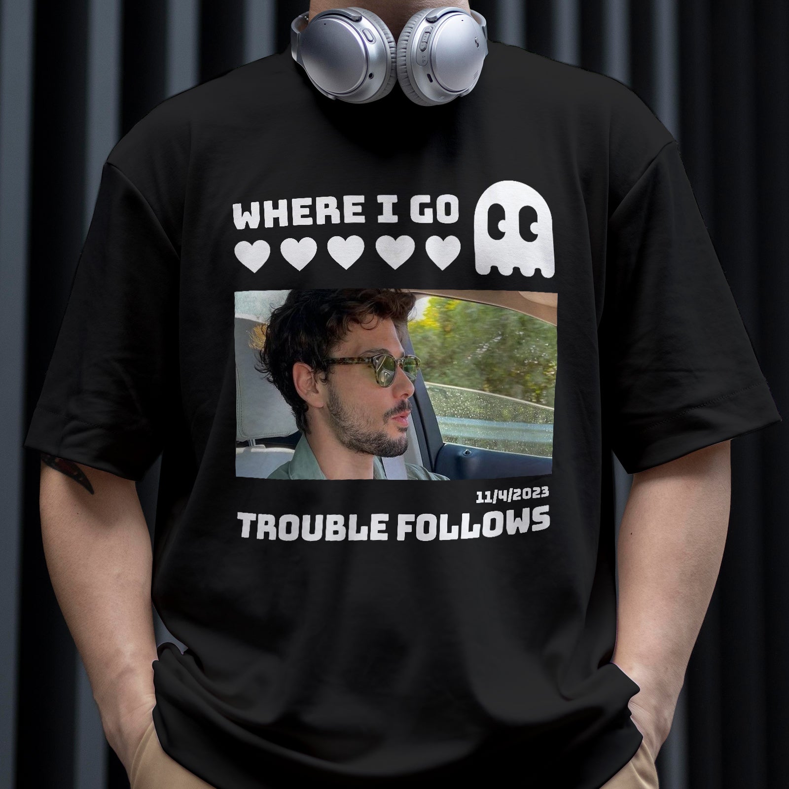 Black t-shirt with graphic and photo print saying where I go trouble follows matching trouble shirts for couples