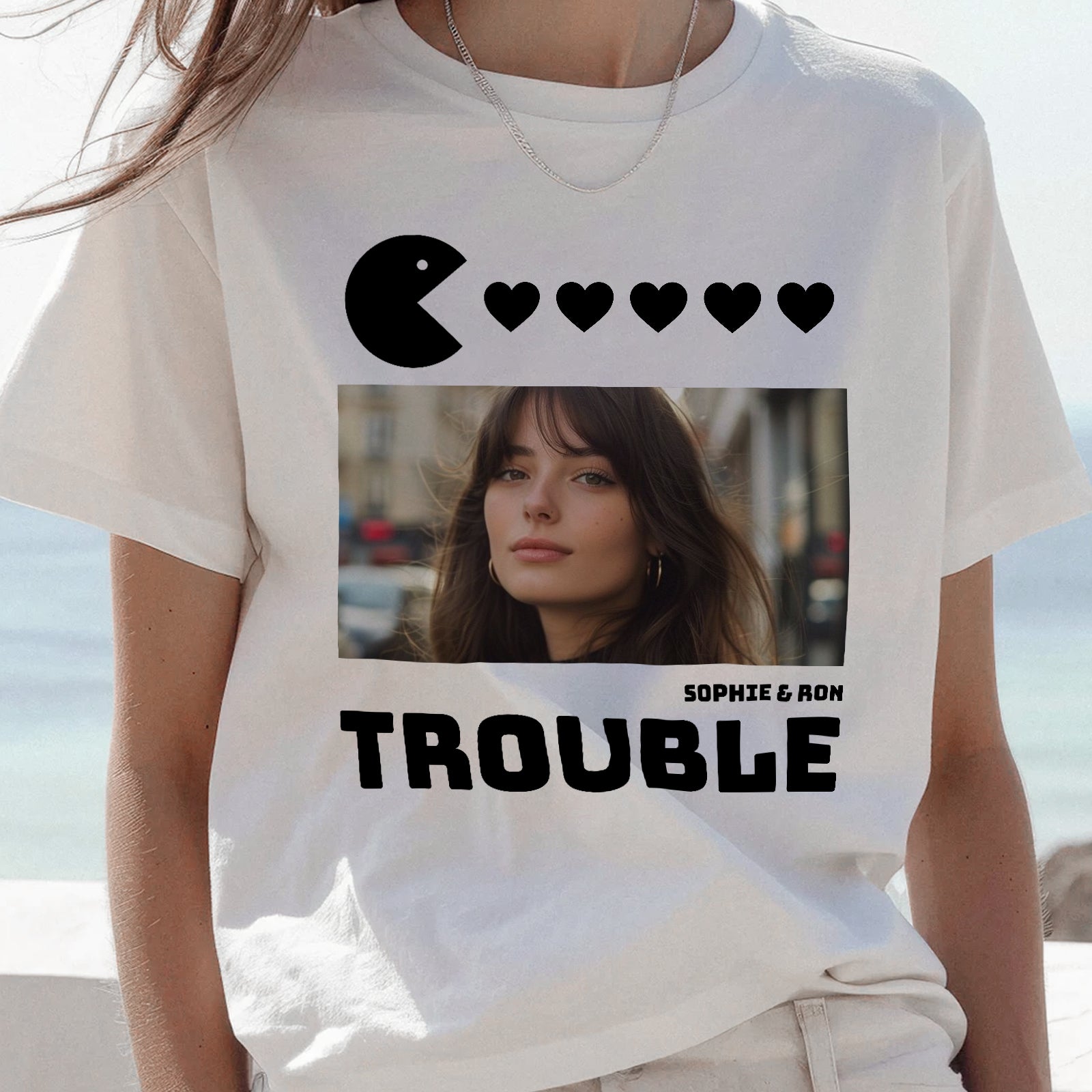 White vintage style matching trouble shirts for couples with Pac-Man and heart design