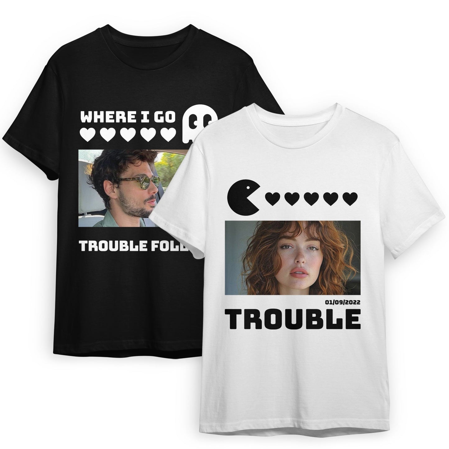 Black and white matching trouble shirts for couples featuring playful graphic designs and photo prints