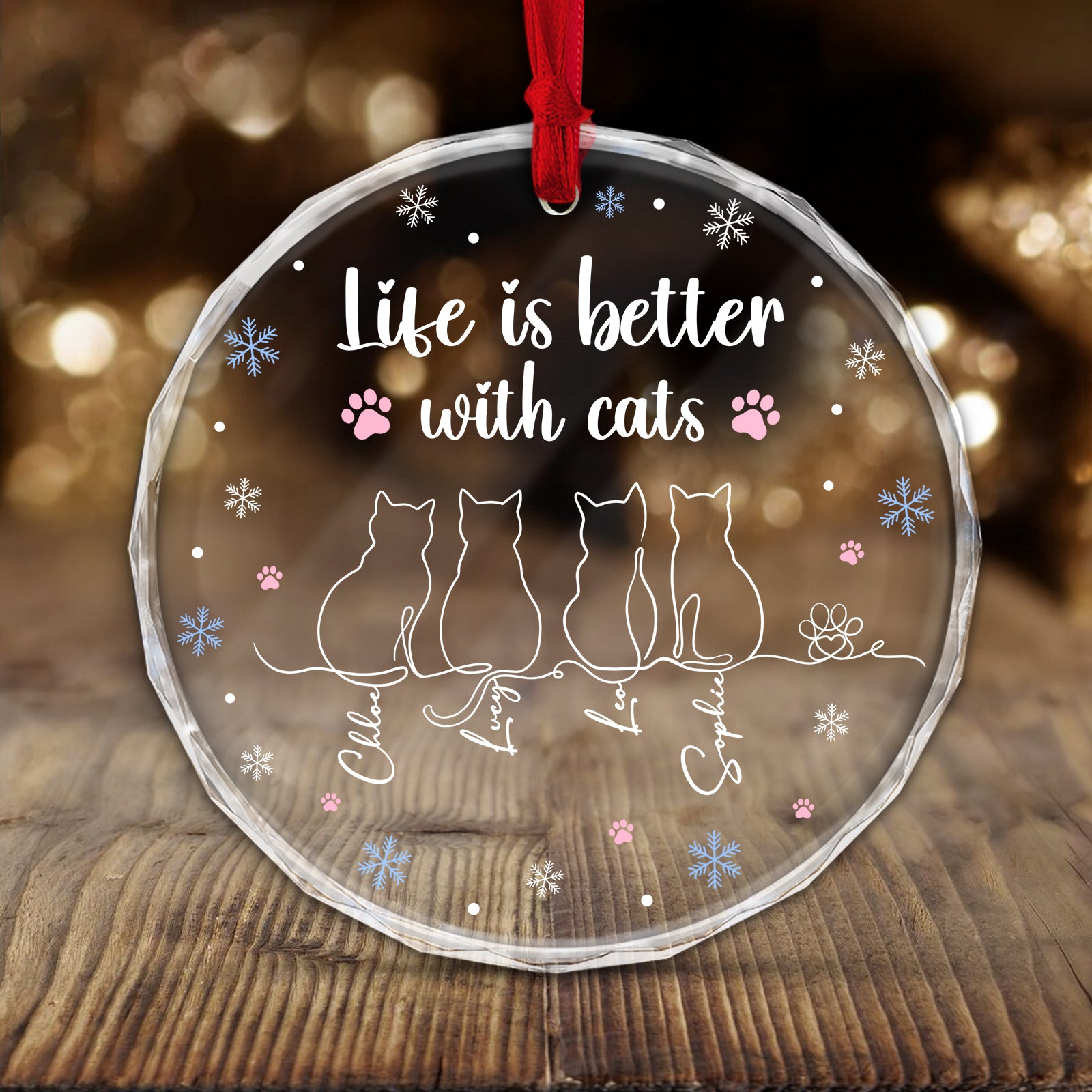Beautiful cat lover glass ornament featuring the phrase Life is better with cats and artistic cat silhouettes
