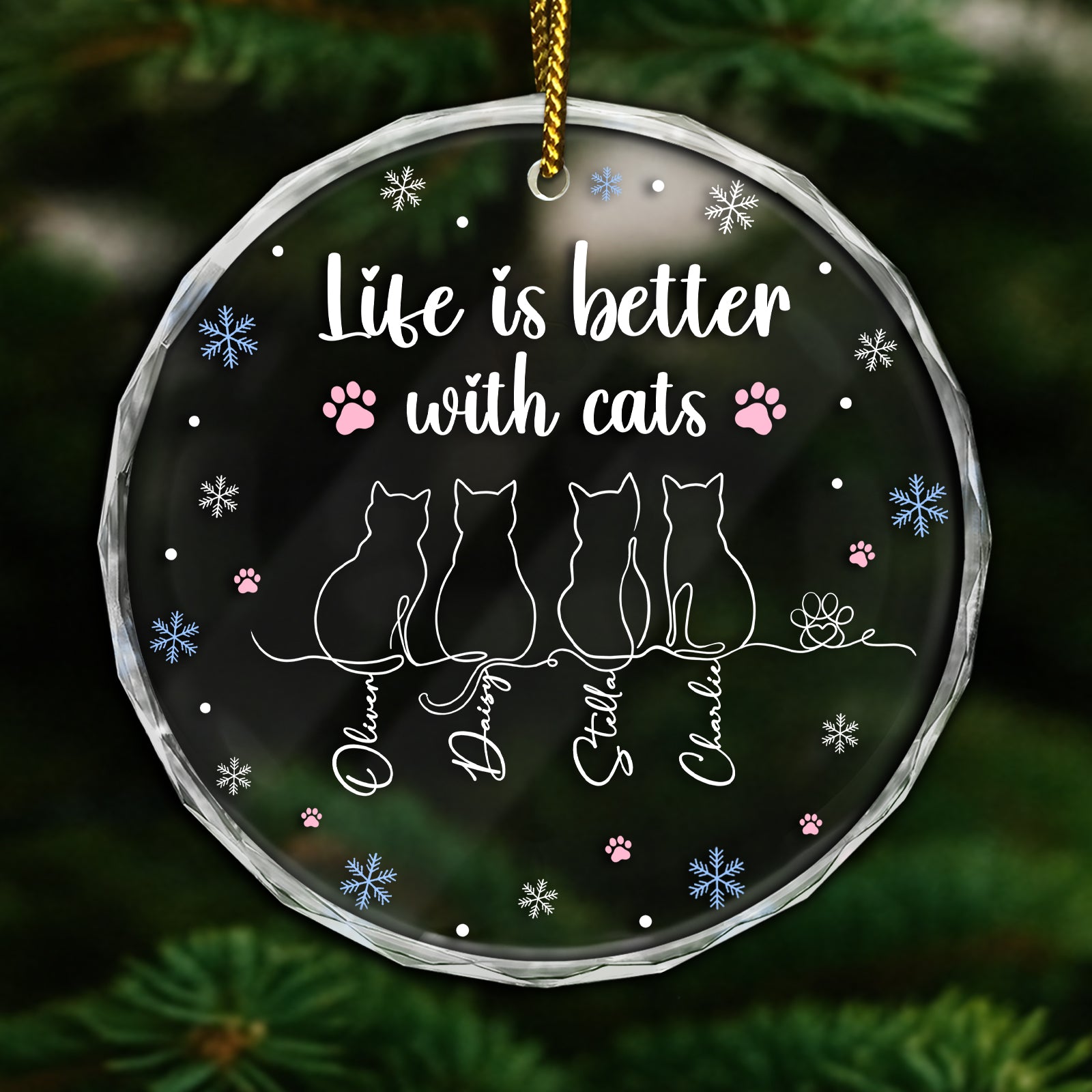 Beautiful cat lover glass ornament with a message that says Life is better with cats