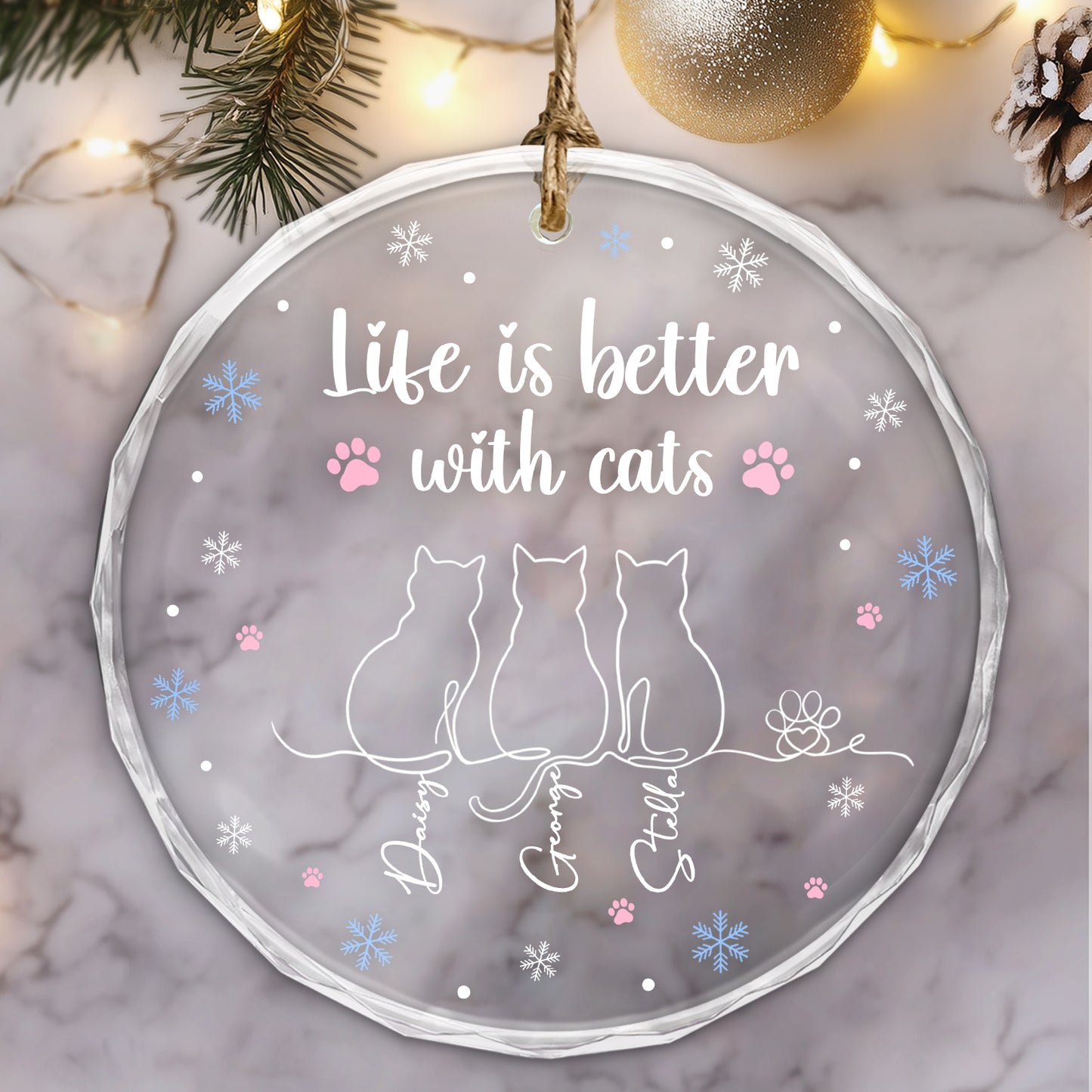 Cute cat lover glass ornament with a quote and three cat silhouettes, perfect for pet enthusiasts