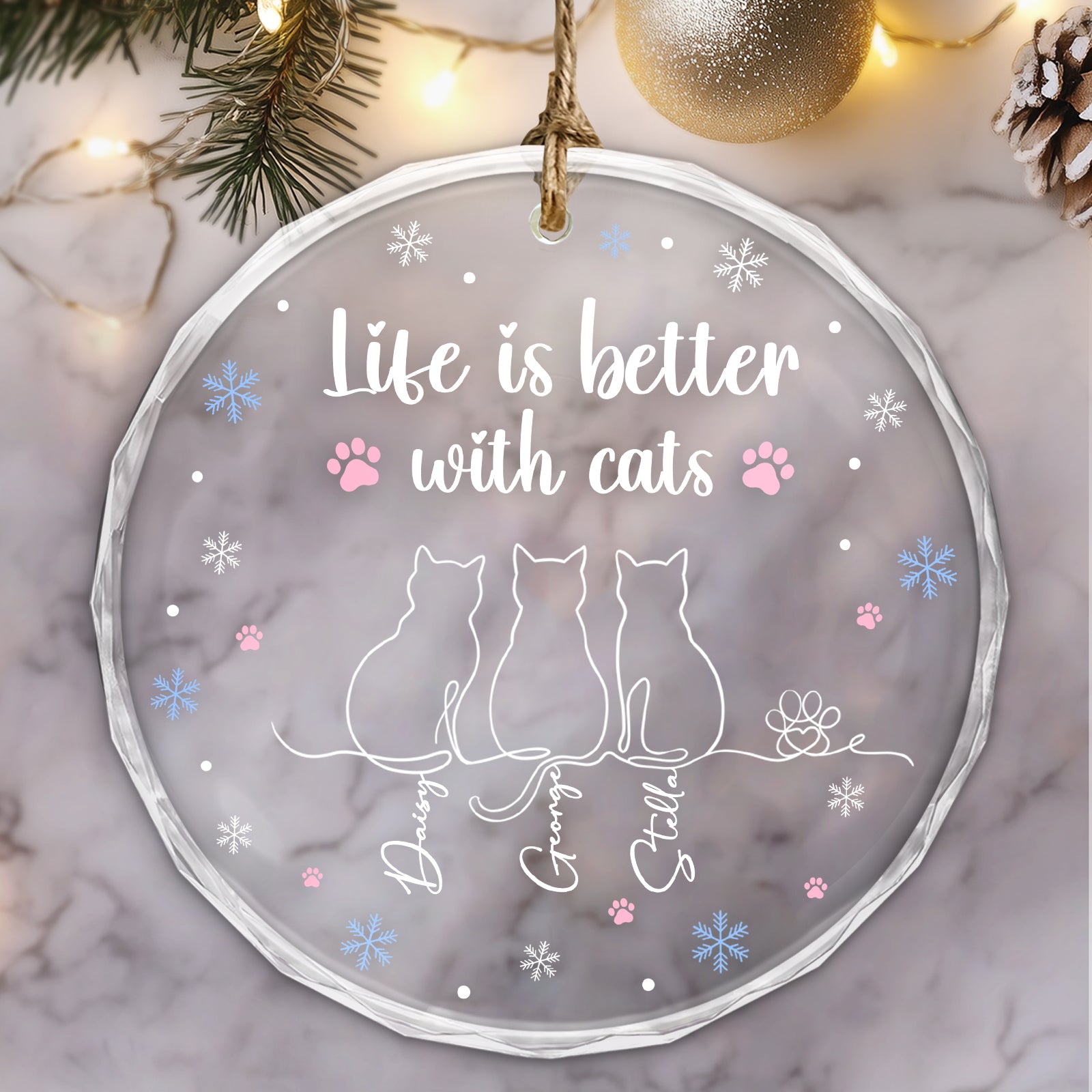 Cute cat lover glass ornament with a quote and three cat silhouettes, perfect for pet enthusiasts