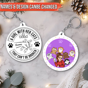 Customized cat lover keychain featuring a girl with cats and a heartfelt bond design