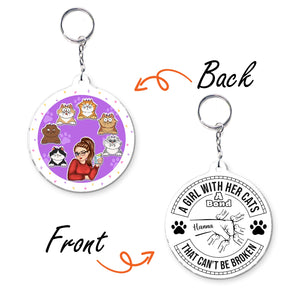 Cat lover keychain featuring cartoon cats and a heartfelt message about the bond with cats