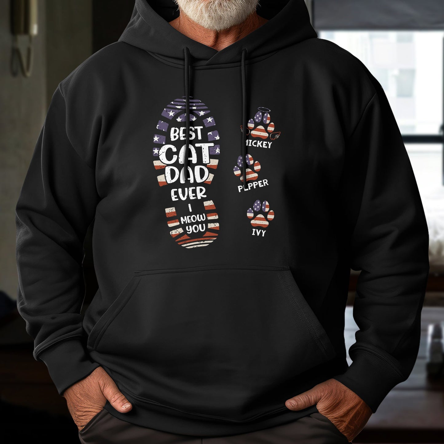 Black hoodie featuring cat paw print personalized shirt design with American flag pattern and names Mickey, Pepper, Ivy