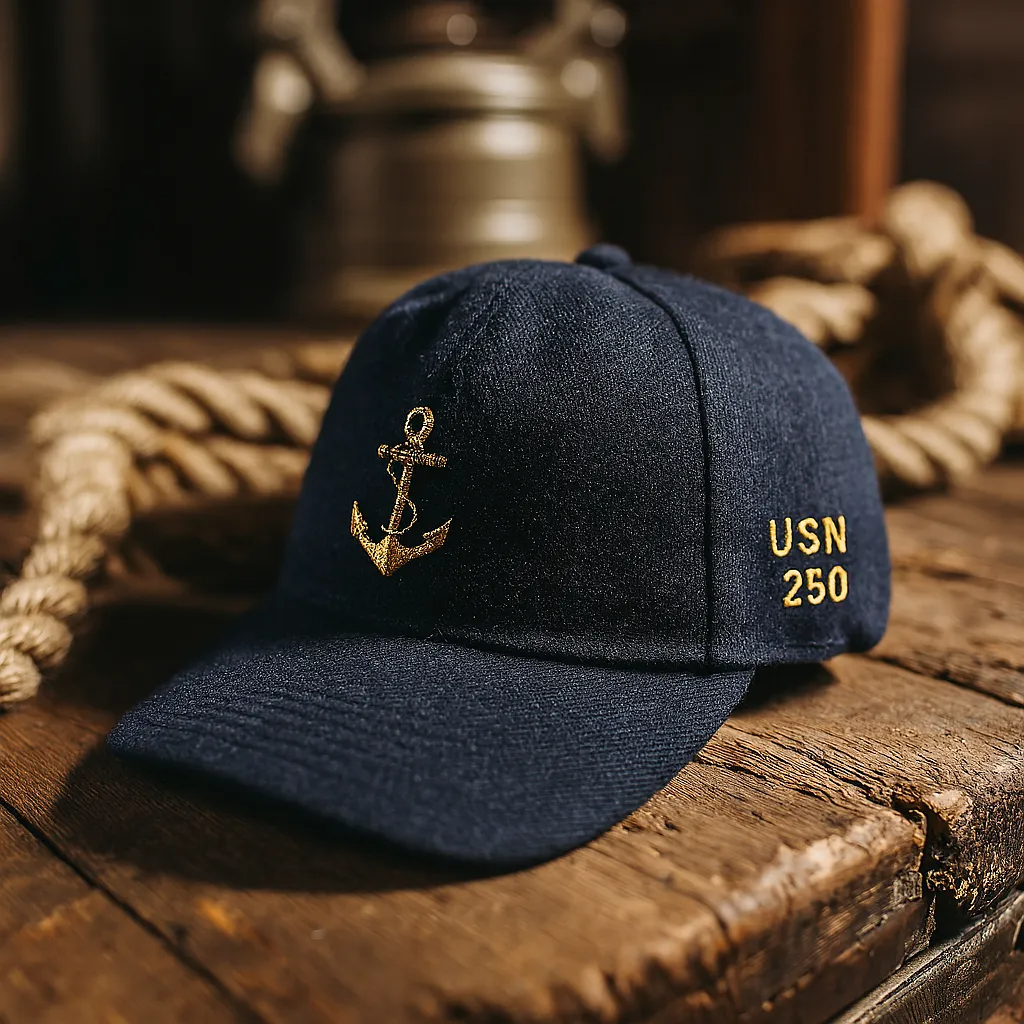 365Gifty classic US navy anchor cap in navy blue with gold anchor embroidery and USN 250 text