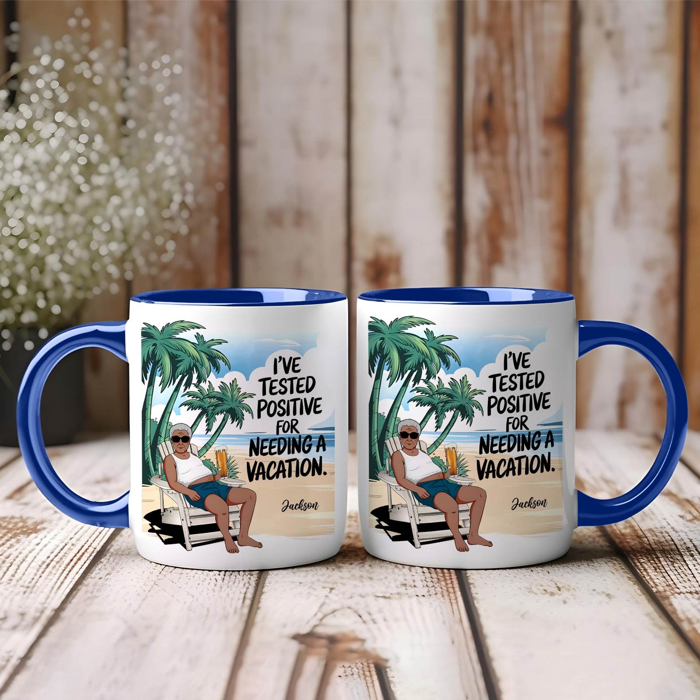 365Gifty custom travel accent mug showing two blue rim mugs with man lounging under palm trees and vacation quote