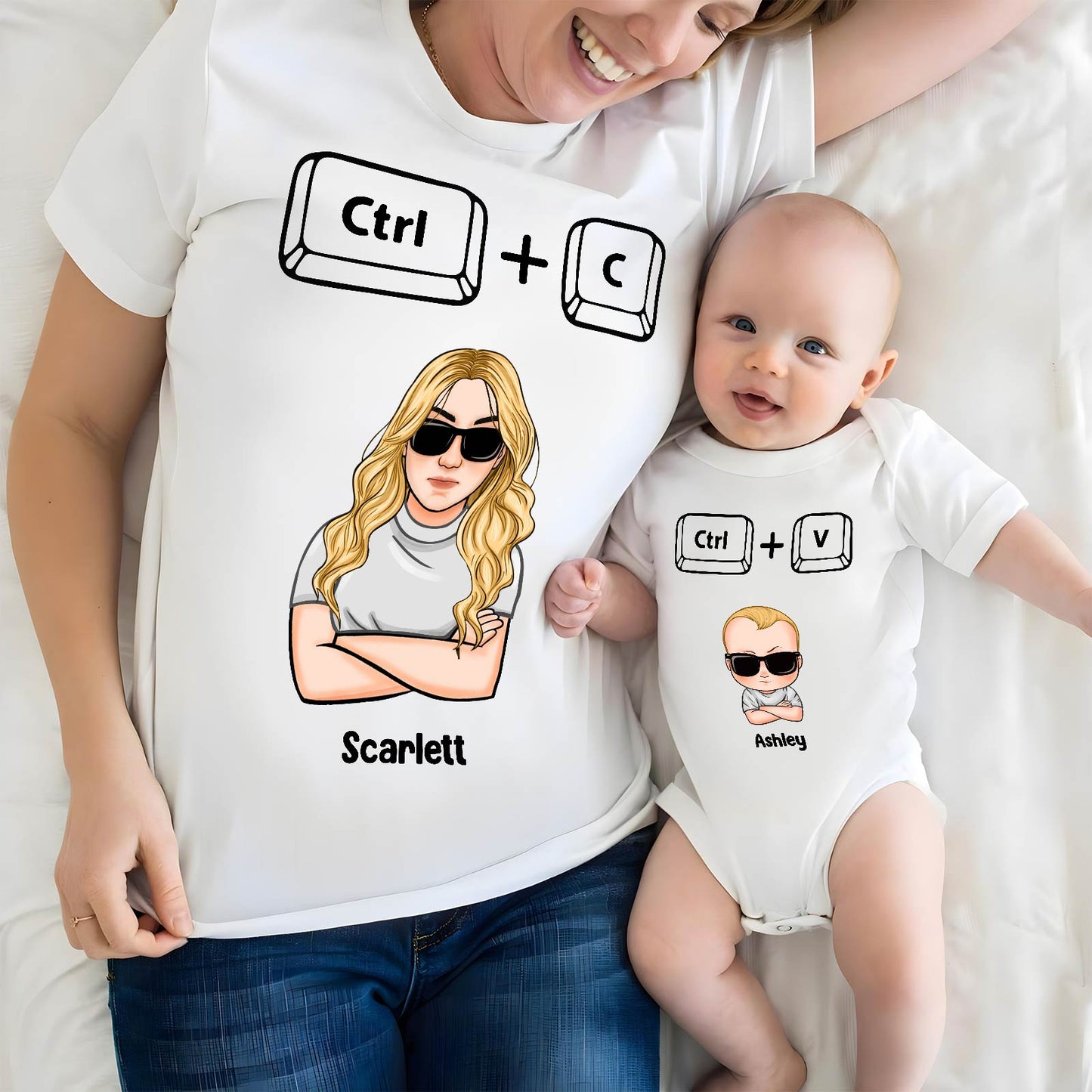 Matching copy paste shirts for dad and baby with cartoon characters and keyboard keys design