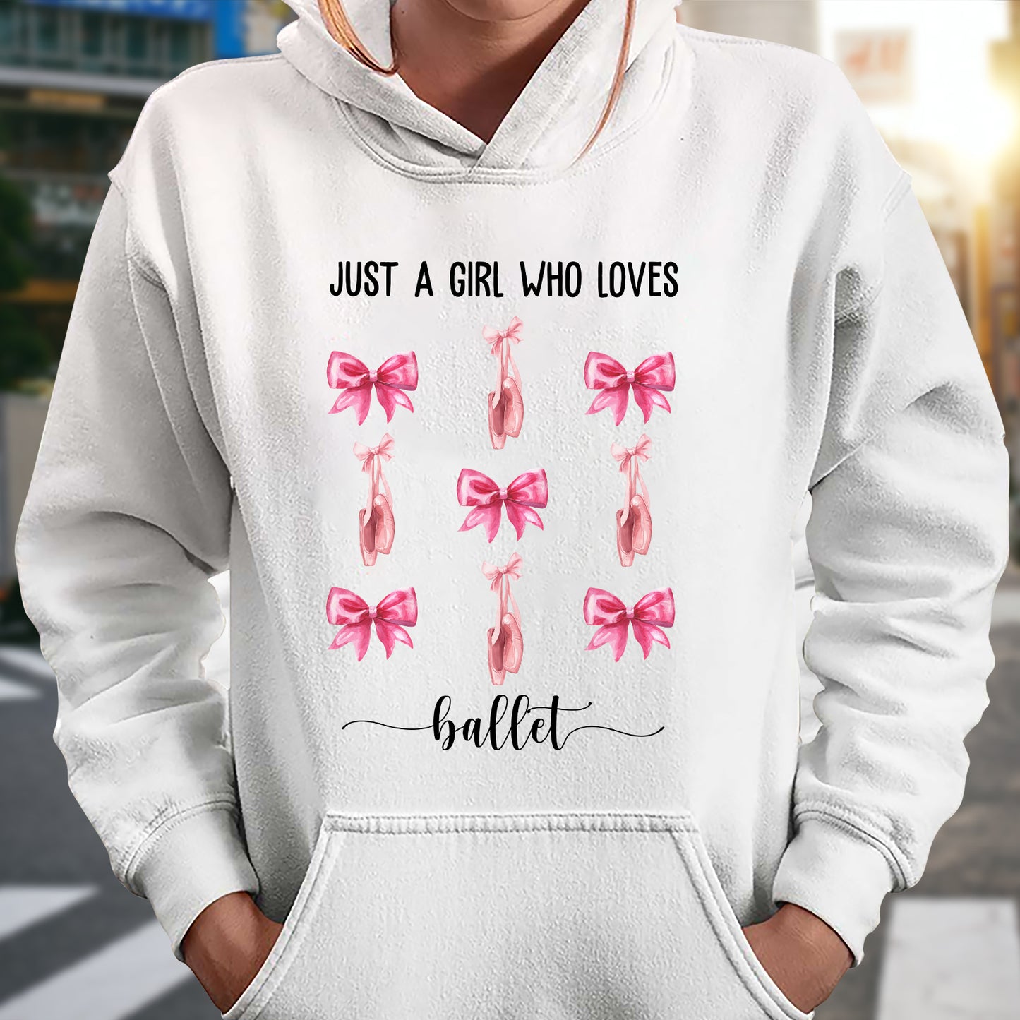 Coquette pink bow baseball tee hoodie with ballet shoes and text just a girl who loves ballet