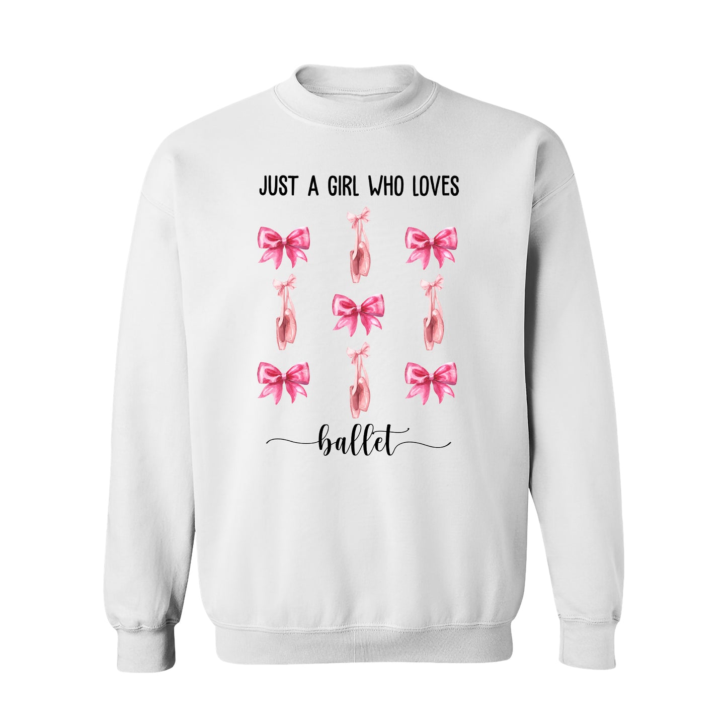 White sweatshirt with ballet shoes and pink bows design and text Just a girl who loves ballet coquette pink bow baseball tee