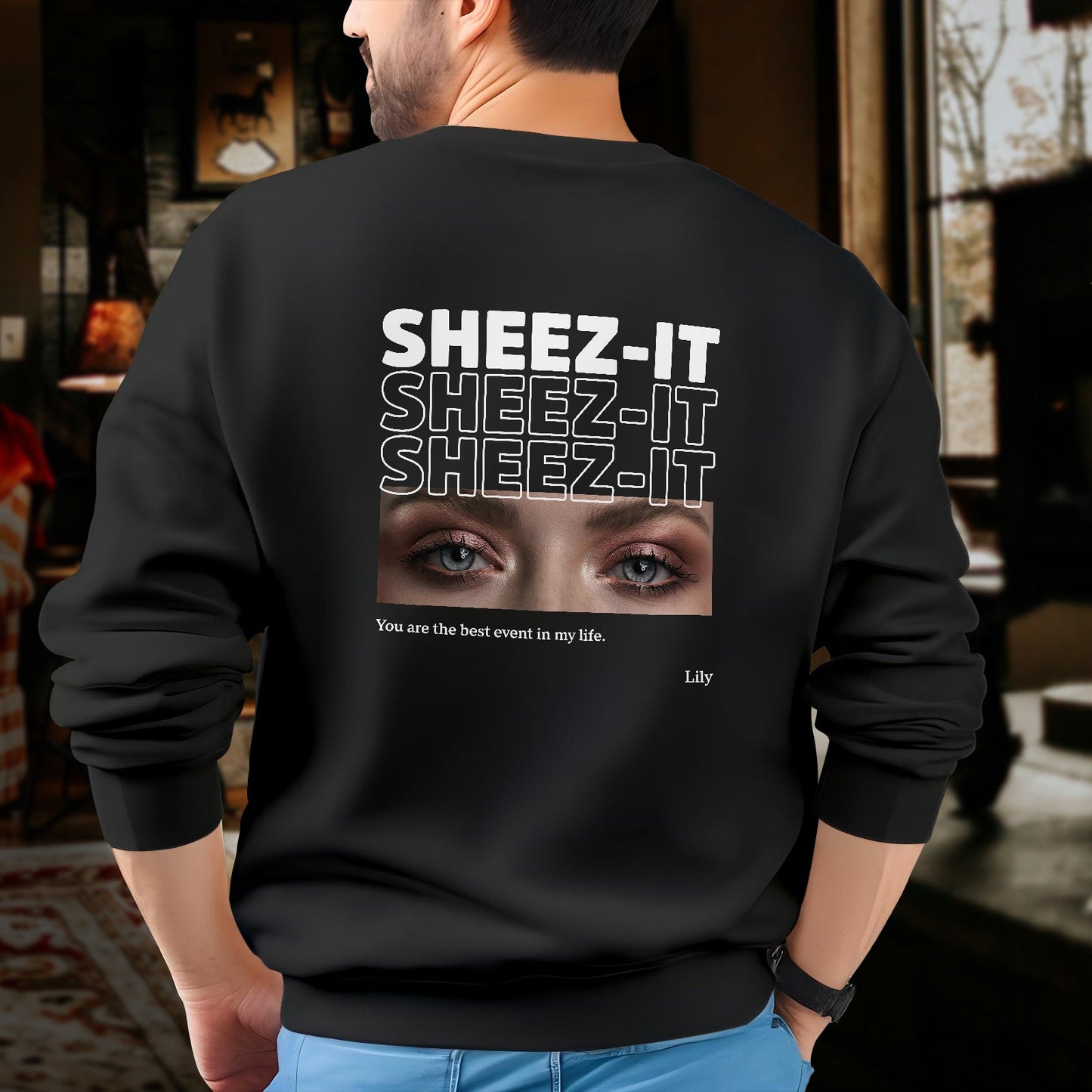 Black sweatshirt with custom matching shirts for couples design featuring eyes and text sheez-it